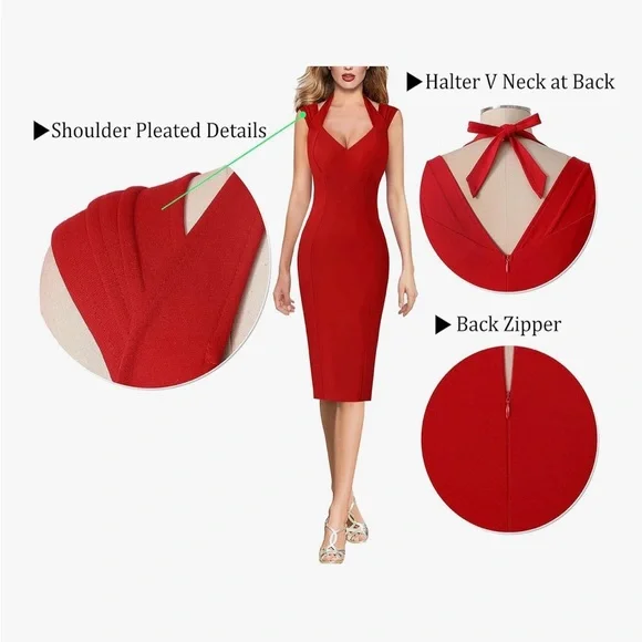Red Halter V Neck Cocktail Dress - Picture 3 of 5
